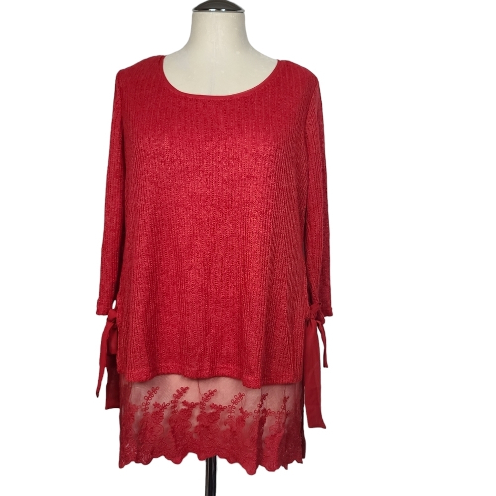 LC Lauren Conrad Red Floral Lace Hem Side Ties Tunic Top M